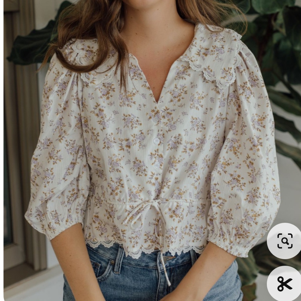 Floral White Blouse with Lace Trim